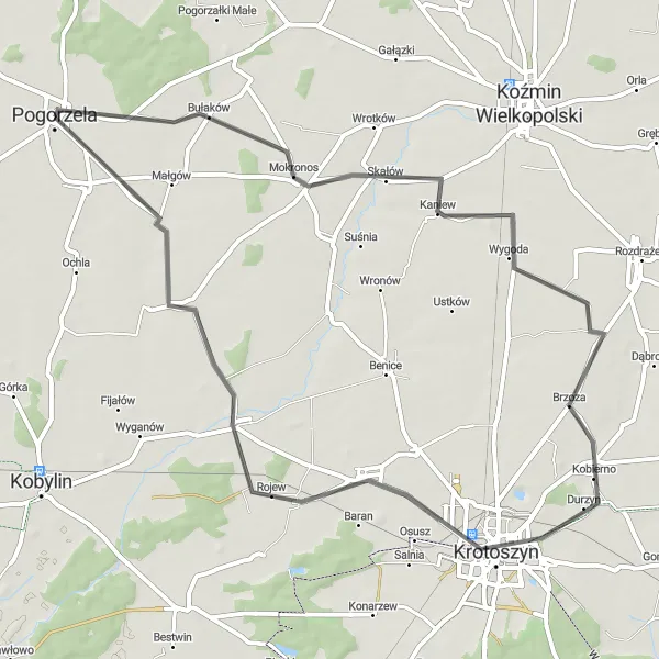 Map miniature of "Exploring Mokronos and Dzierżanów" cycling inspiration in Wielkopolskie, Poland. Generated by Tarmacs.app cycling route planner
