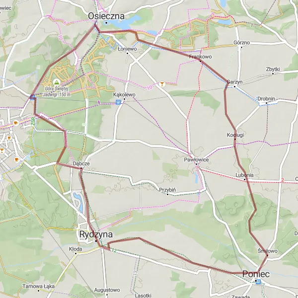 Miniatura mapy "Trasa Gravel Poniec - Lubonia" - trasy rowerowej w Wielkopolskie, Poland. Wygenerowane przez planer tras rowerowych Tarmacs.app
