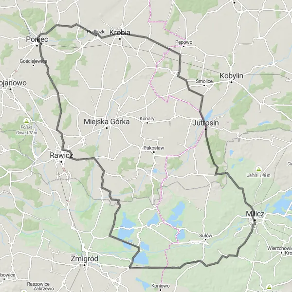 Miniatura mapy "Szosowa wędrówka do Ponieca" - trasy rowerowej w Wielkopolskie, Poland. Wygenerowane przez planer tras rowerowych Tarmacs.app