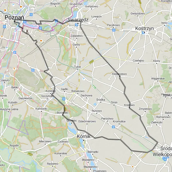 Map miniature of "Picturesque Road Routes near Poznań" cycling inspiration in Wielkopolskie, Poland. Generated by Tarmacs.app cycling route planner