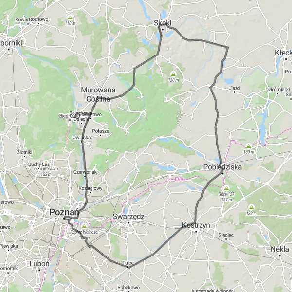 Map miniature of "Poznań to Chwaliszewo Road Adventure" cycling inspiration in Wielkopolskie, Poland. Generated by Tarmacs.app cycling route planner