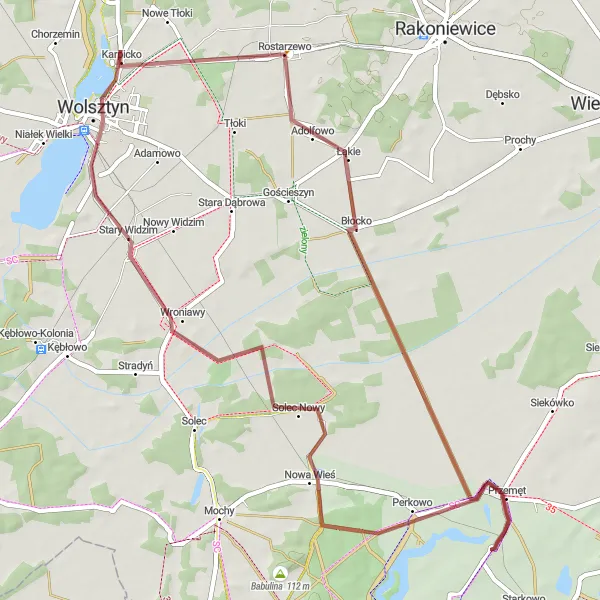 Miniatura mapy "Ścieżka gravelowa przez Wolsztyn i Adolfowo" - trasy rowerowej w Wielkopolskie, Poland. Wygenerowane przez planer tras rowerowych Tarmacs.app