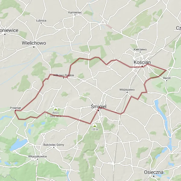 Map miniature of "Kościan Adventure" cycling inspiration in Wielkopolskie, Poland. Generated by Tarmacs.app cycling route planner