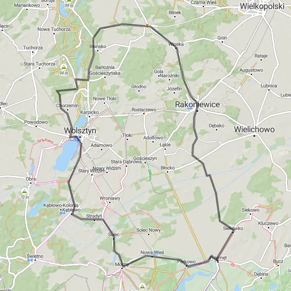 Map miniature of "Mochy to Siekówko Cycling Loop" cycling inspiration in Wielkopolskie, Poland. Generated by Tarmacs.app cycling route planner