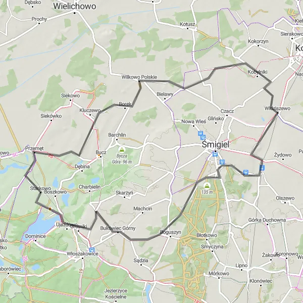 Miniatura mapy "Trasa do Robaczyna i Starkowa" - trasy rowerowej w Wielkopolskie, Poland. Wygenerowane przez planer tras rowerowych Tarmacs.app