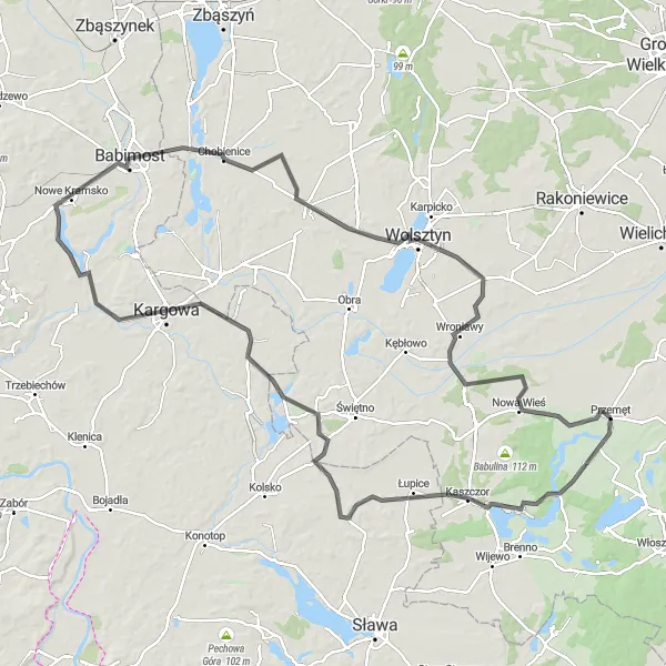 Map miniature of "Przemęt to Perkowo Cycle Route" cycling inspiration in Wielkopolskie, Poland. Generated by Tarmacs.app cycling route planner