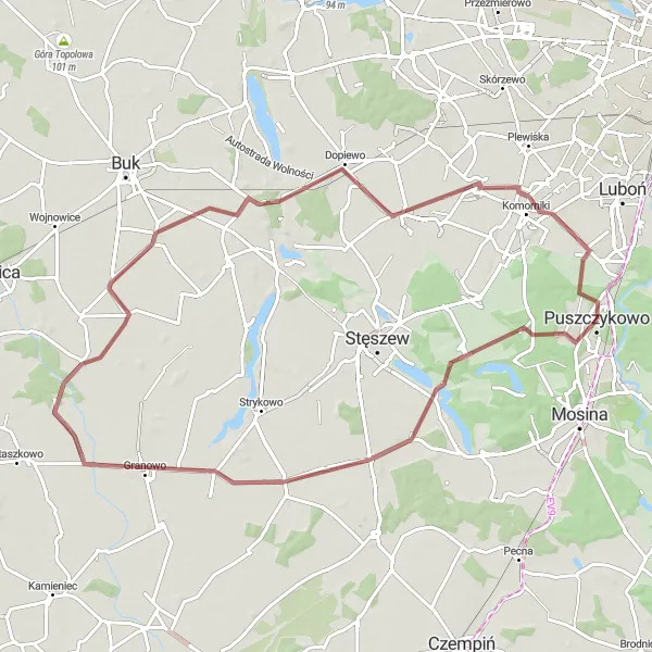 Miniatura mapy "Trasa Gravelowa do Komornik" - trasy rowerowej w Wielkopolskie, Poland. Wygenerowane przez planer tras rowerowych Tarmacs.app