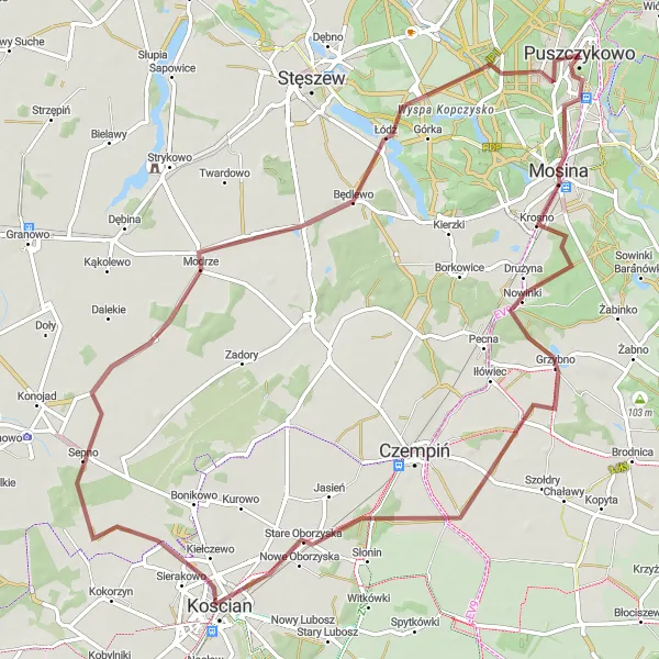 Miniatura mapy "Szlak Gravelowy do Szczepowic" - trasy rowerowej w Wielkopolskie, Poland. Wygenerowane przez planer tras rowerowych Tarmacs.app