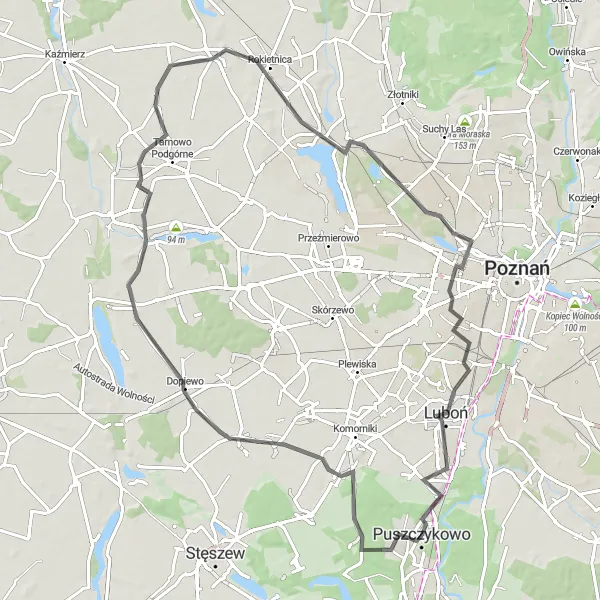 Map miniature of "Konarzewo Loop" cycling inspiration in Wielkopolskie, Poland. Generated by Tarmacs.app cycling route planner