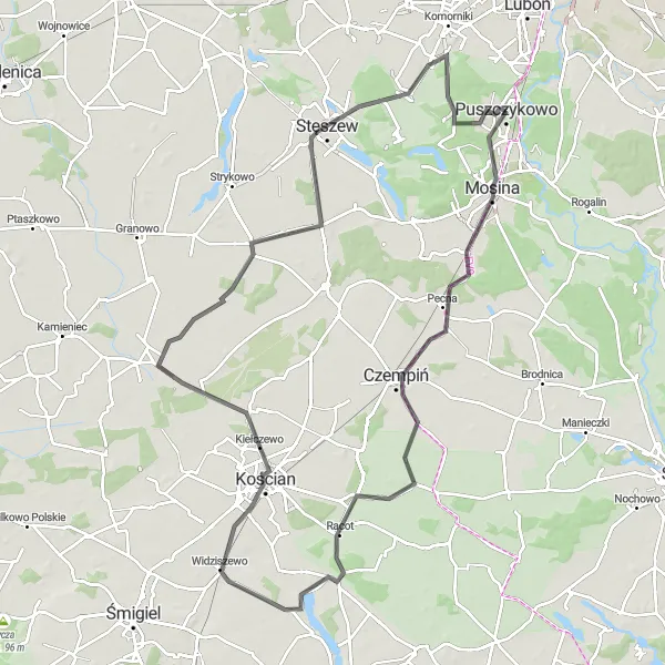Map miniature of "Mosina Loop" cycling inspiration in Wielkopolskie, Poland. Generated by Tarmacs.app cycling route planner