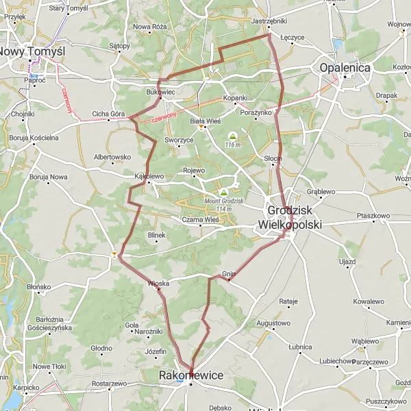 Miniatura mapy "Szlak Wioska - Bukowiec - Porażyn - Gnin" - trasy rowerowej w Wielkopolskie, Poland. Wygenerowane przez planer tras rowerowych Tarmacs.app