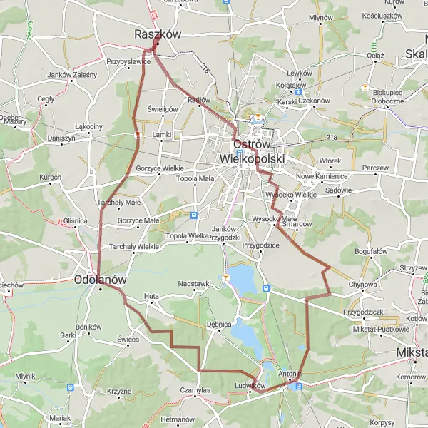 Map miniature of "Raszków Loop" cycling inspiration in Wielkopolskie, Poland. Generated by Tarmacs.app cycling route planner