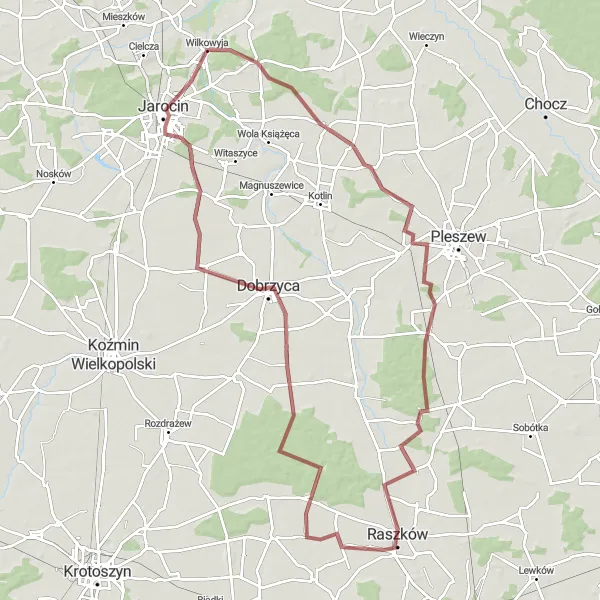 Map miniature of "Countryside Journey from Raszków" cycling inspiration in Wielkopolskie, Poland. Generated by Tarmacs.app cycling route planner