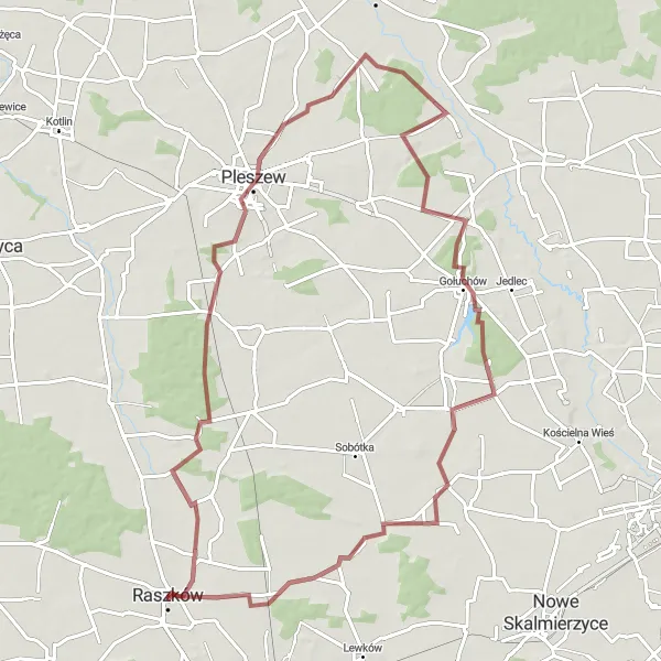 Map miniature of "Raszków Gravel Adventure" cycling inspiration in Wielkopolskie, Poland. Generated by Tarmacs.app cycling route planner
