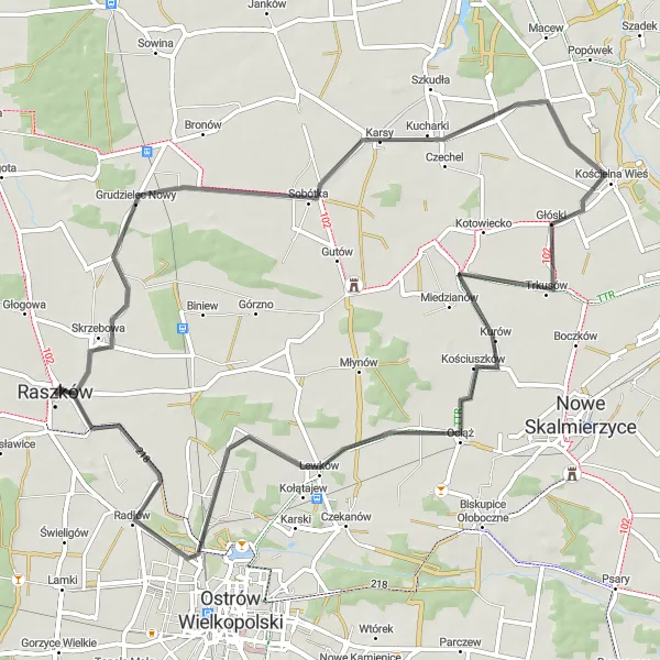 Miniatura mapy "Trasa na rowerze szosowym przez Kucharki, Miedzianów, Kwiatków i Rąbczyn" - trasy rowerowej w Wielkopolskie, Poland. Wygenerowane przez planer tras rowerowych Tarmacs.app
