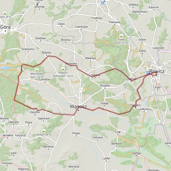 Map miniature of "The Lakes and Hills Gravel Adventure" cycling inspiration in Wielkopolskie, Poland. Generated by Tarmacs.app cycling route planner