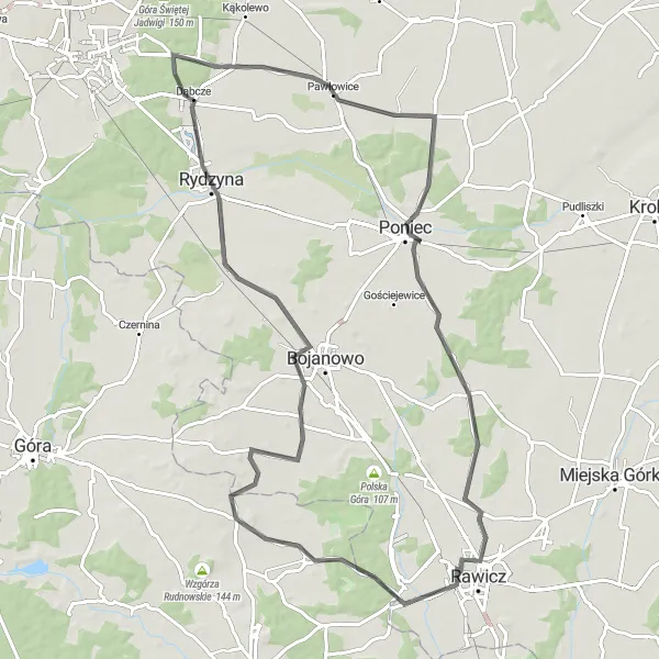 Map miniature of "Road to Rawicz" cycling inspiration in Wielkopolskie, Poland. Generated by Tarmacs.app cycling route planner