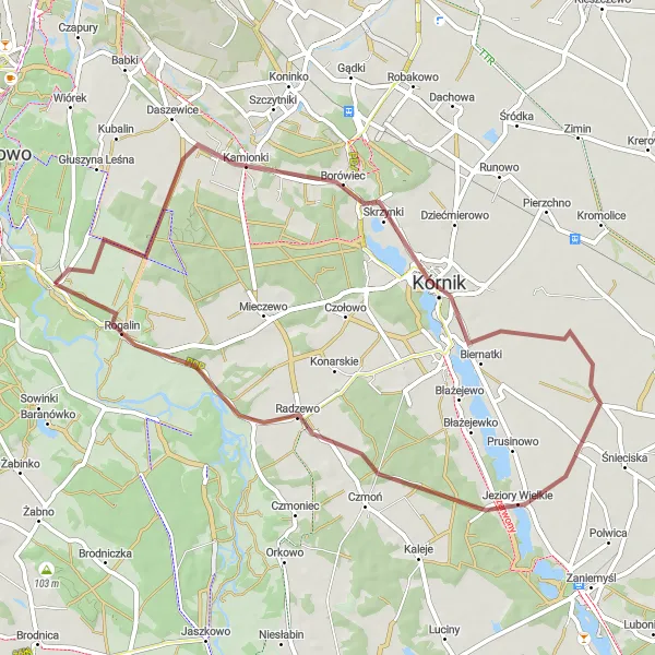 Map miniature of "Kamionki Trail" cycling inspiration in Wielkopolskie, Poland. Generated by Tarmacs.app cycling route planner