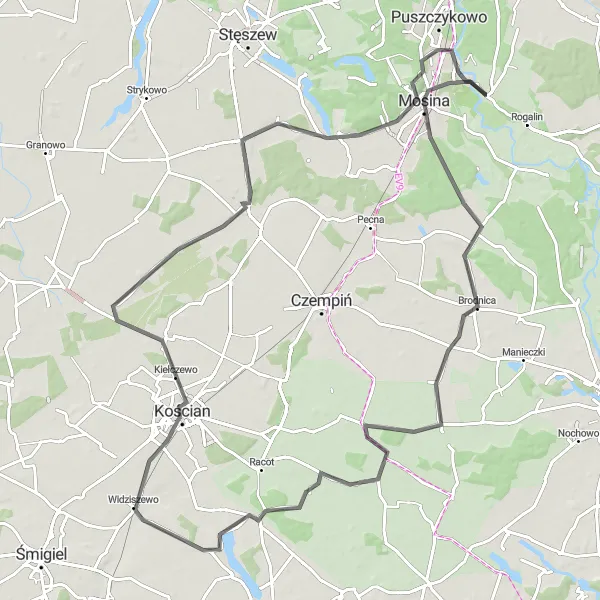 Map miniature of "Hills and Villages" cycling inspiration in Wielkopolskie, Poland. Generated by Tarmacs.app cycling route planner