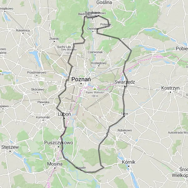 Map miniature of "The Great Rogalinek Loop" cycling inspiration in Wielkopolskie, Poland. Generated by Tarmacs.app cycling route planner