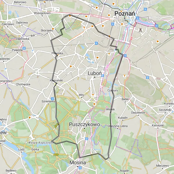 Map miniature of "Mosina Circuit" cycling inspiration in Wielkopolskie, Poland. Generated by Tarmacs.app cycling route planner