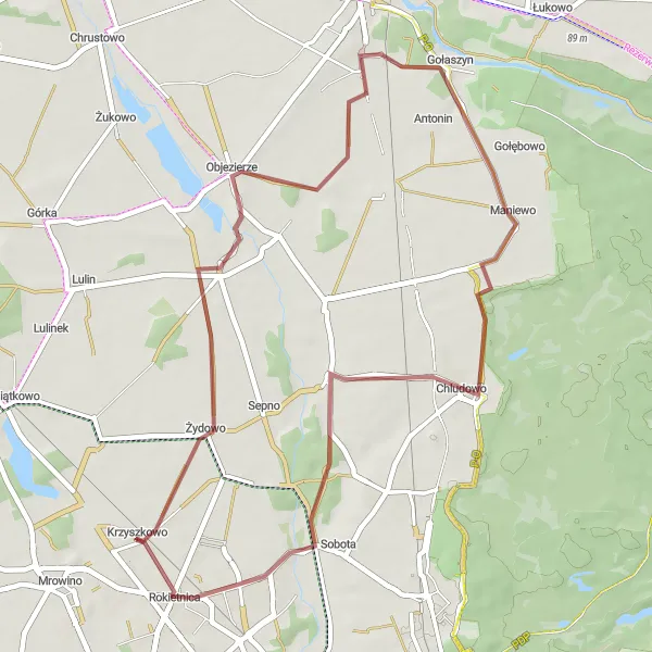 Map miniature of "Rural Gravel Delight" cycling inspiration in Wielkopolskie, Poland. Generated by Tarmacs.app cycling route planner