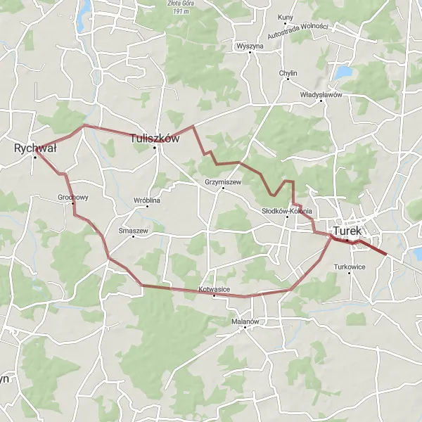 Map miniature of "The Turquoise Gravel Ride" cycling inspiration in Wielkopolskie, Poland. Generated by Tarmacs.app cycling route planner