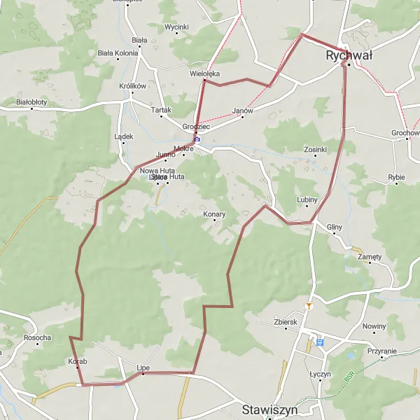 Map miniature of "Discover Rychwał Gravel Adventure" cycling inspiration in Wielkopolskie, Poland. Generated by Tarmacs.app cycling route planner