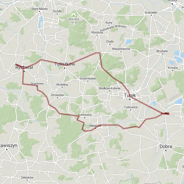 Map miniature of "The Dzierzbin Explorer" cycling inspiration in Wielkopolskie, Poland. Generated by Tarmacs.app cycling route planner