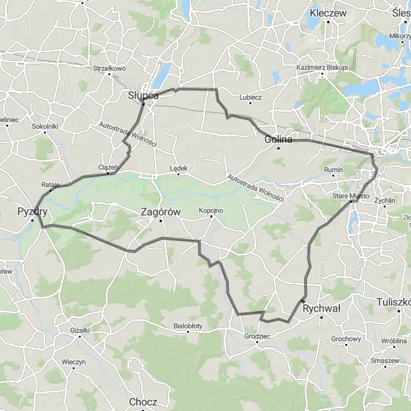 Map miniature of "The Golina Epic Loop" cycling inspiration in Wielkopolskie, Poland. Generated by Tarmacs.app cycling route planner
