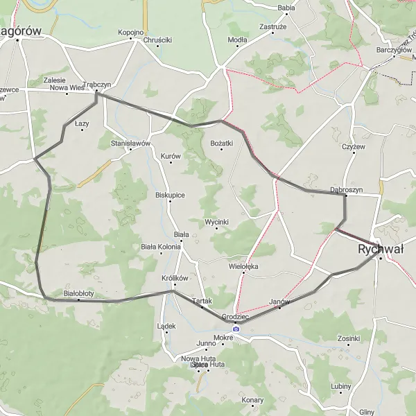 Map miniature of "Białobłoty Circuit" cycling inspiration in Wielkopolskie, Poland. Generated by Tarmacs.app cycling route planner