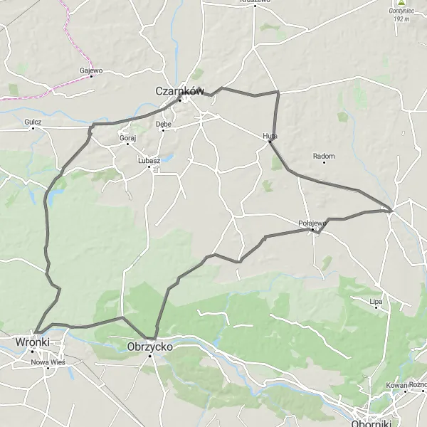 Map miniature of "Classic Road Loop - Ryczywół to Pianówka" cycling inspiration in Wielkopolskie, Poland. Generated by Tarmacs.app cycling route planner