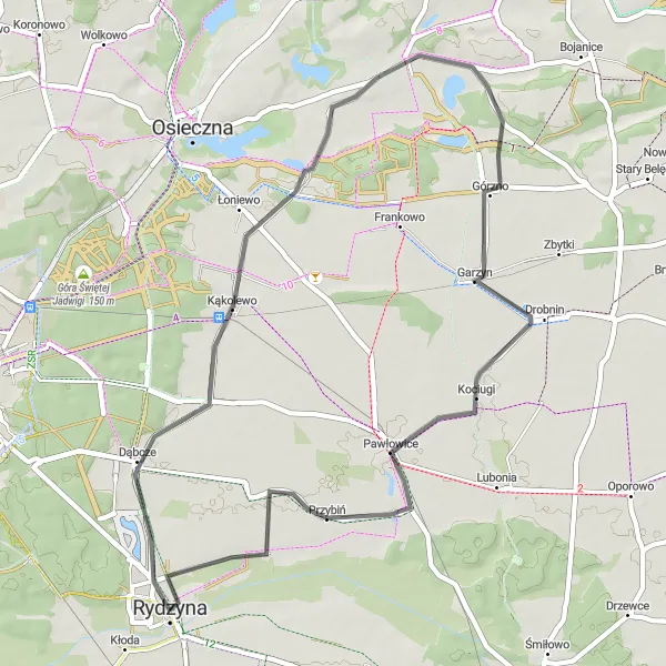 Map miniature of "Rolling Hills Road Loop" cycling inspiration in Wielkopolskie, Poland. Generated by Tarmacs.app cycling route planner