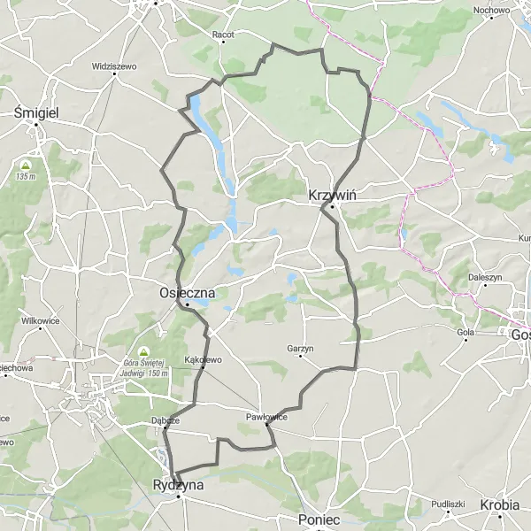 Map miniature of "Krzywiń and Katarzynin Loop" cycling inspiration in Wielkopolskie, Poland. Generated by Tarmacs.app cycling route planner
