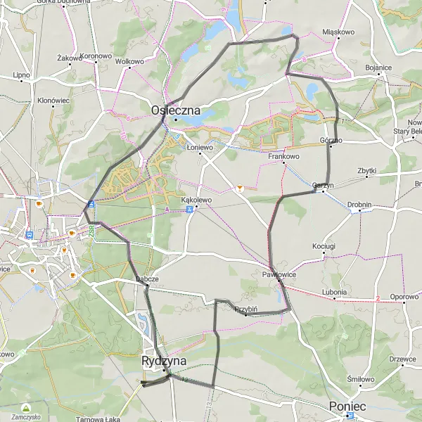 Map miniature of "Rydzyna to Pawłowice Road Challenge" cycling inspiration in Wielkopolskie, Poland. Generated by Tarmacs.app cycling route planner