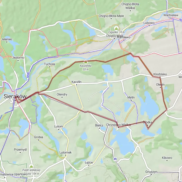 Miniatura mapy "Trasa przez Kaczemkę i Chrzypsko Wielkie" - trasy rowerowej w Wielkopolskie, Poland. Wygenerowane przez planer tras rowerowych Tarmacs.app