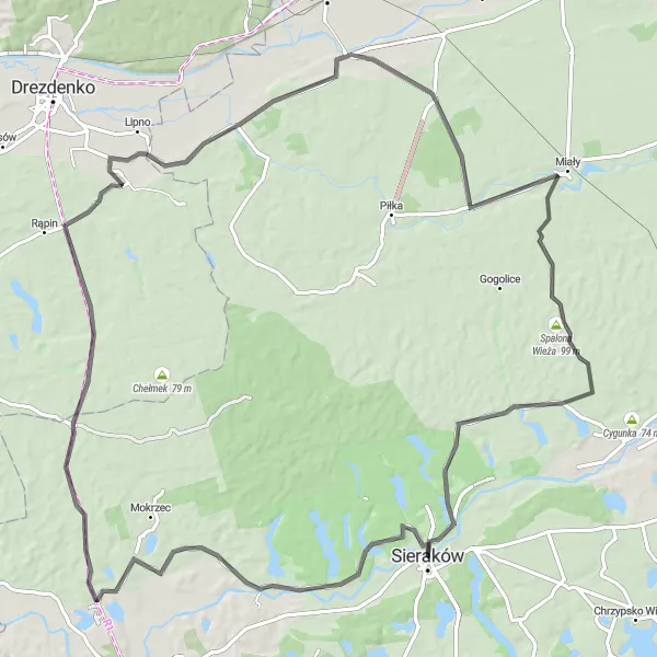 Map miniature of "The Great Zatom Loop" cycling inspiration in Wielkopolskie, Poland. Generated by Tarmacs.app cycling route planner