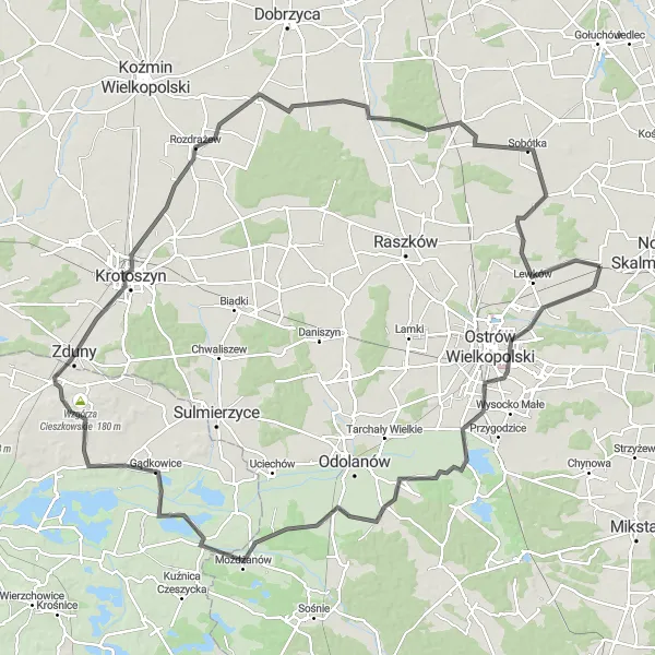 Map miniature of "The Skalmierzyce Loop" cycling inspiration in Wielkopolskie, Poland. Generated by Tarmacs.app cycling route planner