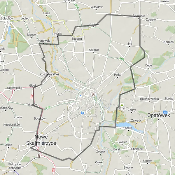 Map miniature of "Nowe Skalmierzyce Loop" cycling inspiration in Wielkopolskie, Poland. Generated by Tarmacs.app cycling route planner