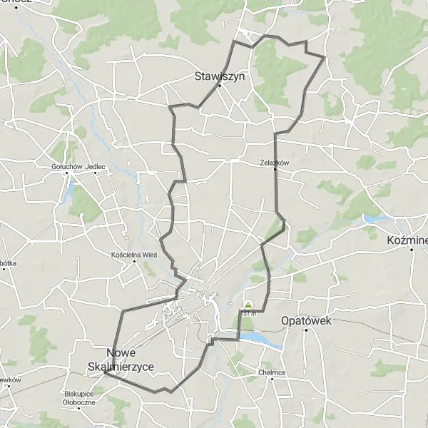 Miniatura mapy "Trasa z okolic Skalmierzyc: Nowe Skalmierzyce i Żelazków" - trasy rowerowej w Wielkopolskie, Poland. Wygenerowane przez planer tras rowerowych Tarmacs.app