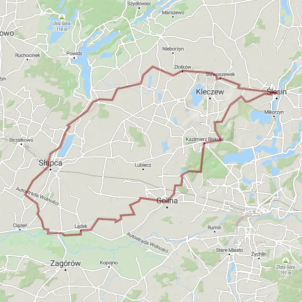 Map miniature of "Gropio Gravel Loop" cycling inspiration in Wielkopolskie, Poland. Generated by Tarmacs.app cycling route planner