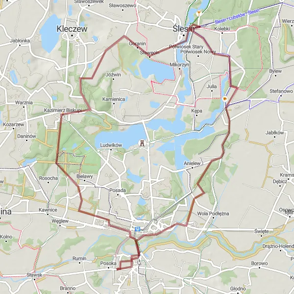 Map miniature of "Discover the Countryside Surrounding Ślesin" cycling inspiration in Wielkopolskie, Poland. Generated by Tarmacs.app cycling route planner