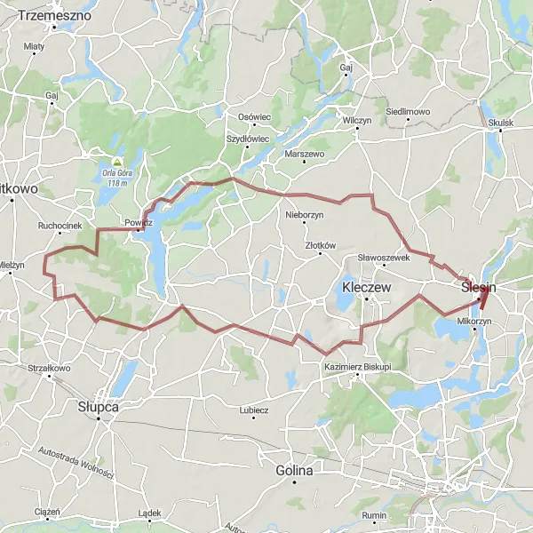 Map miniature of "Powidz Lake loop" cycling inspiration in Wielkopolskie, Poland. Generated by Tarmacs.app cycling route planner
