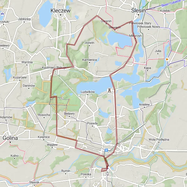 Map miniature of "Lake Mikorzyn Gravel Loop" cycling inspiration in Wielkopolskie, Poland. Generated by Tarmacs.app cycling route planner