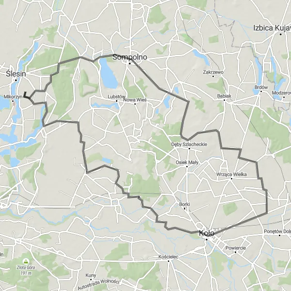 Miniatura mapy "Trasa od Sompolna do Licheń Starego" - trasy rowerowej w Wielkopolskie, Poland. Wygenerowane przez planer tras rowerowych Tarmacs.app