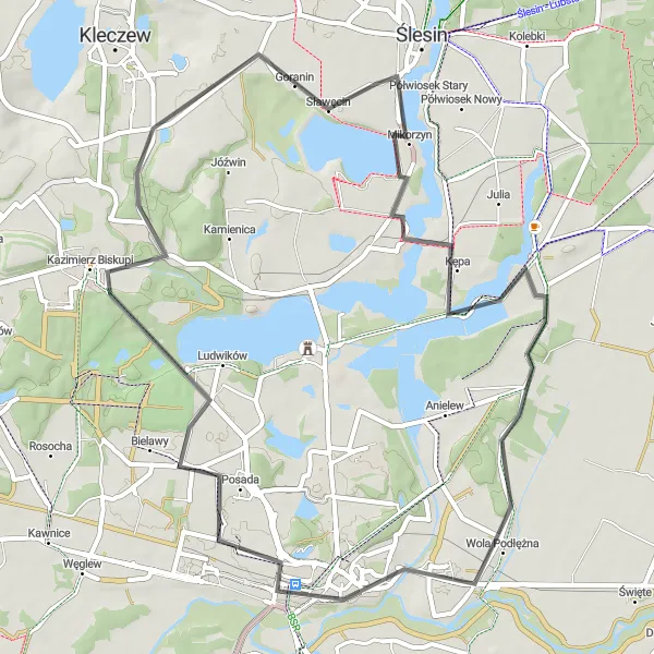 Map miniature of "Konin Express" cycling inspiration in Wielkopolskie, Poland. Generated by Tarmacs.app cycling route planner