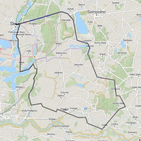 Map miniature of "Mikorzyn and Grąblin Loop" cycling inspiration in Wielkopolskie, Poland. Generated by Tarmacs.app cycling route planner