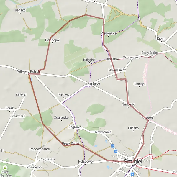 Miniatura mapy "Trasa Gravelowa do Kotusza i Czacza" - trasy rowerowej w Wielkopolskie, Poland. Wygenerowane przez planer tras rowerowych Tarmacs.app