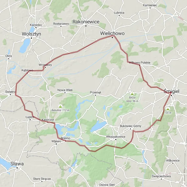 Miniatura mapy "Szlak przez Kaszczor i Tarnową" - trasy rowerowej w Wielkopolskie, Poland. Wygenerowane przez planer tras rowerowych Tarmacs.app