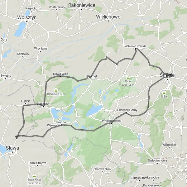 Miniatura mapy "Trasa przez Morownicę i Bielawy" - trasy rowerowej w Wielkopolskie, Poland. Wygenerowane przez planer tras rowerowych Tarmacs.app